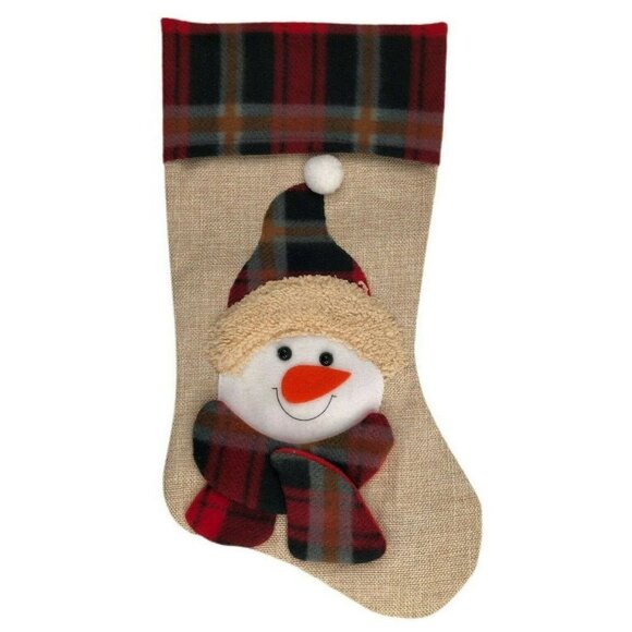 Handmade Christmas Stocking Farmhouse Country Snowman Plaid Felt, Canvas, 16" - Picture 1 of 4